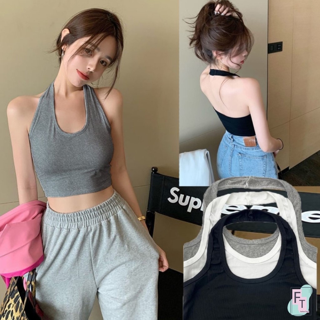 💢FT อินเทรนด์💢เสื้อกล้ามครอป ทรงคล้องคอ สวยเก๋เรียบๆ 3 สี