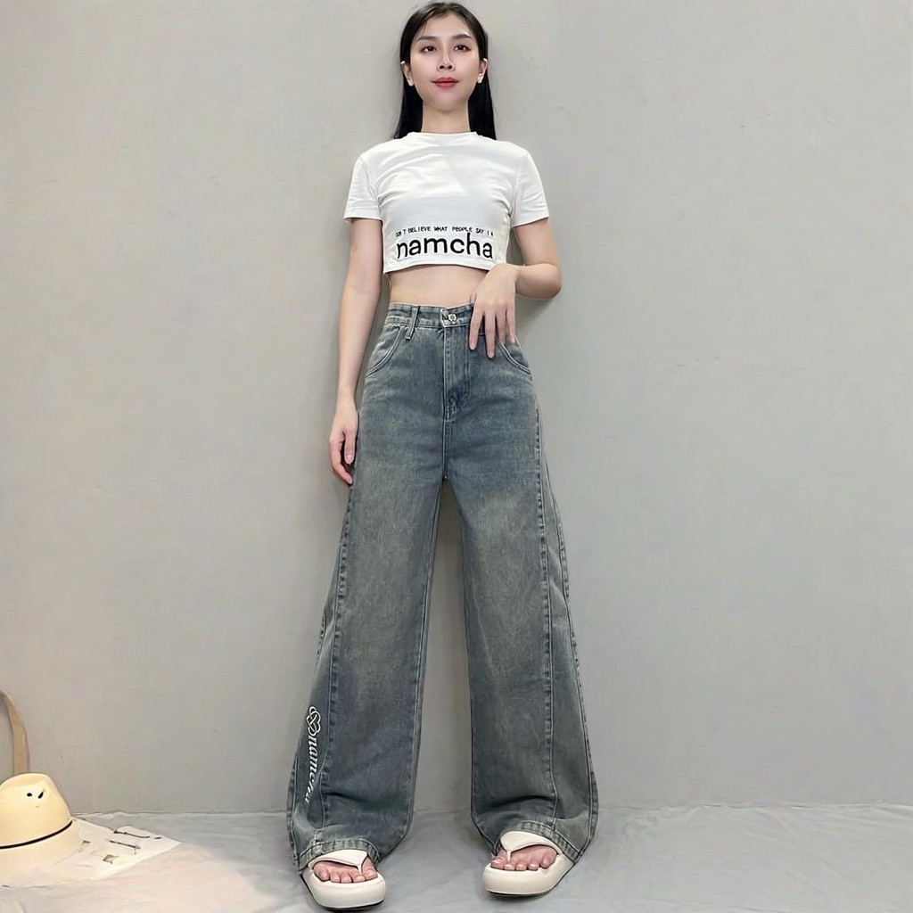 NAMCHA กางเกงยีนส์เอวสูงทรงกระบอกกลาง สีวินเทจ ปักNAMCHA ปลายขา 313 - รูปที่ 2