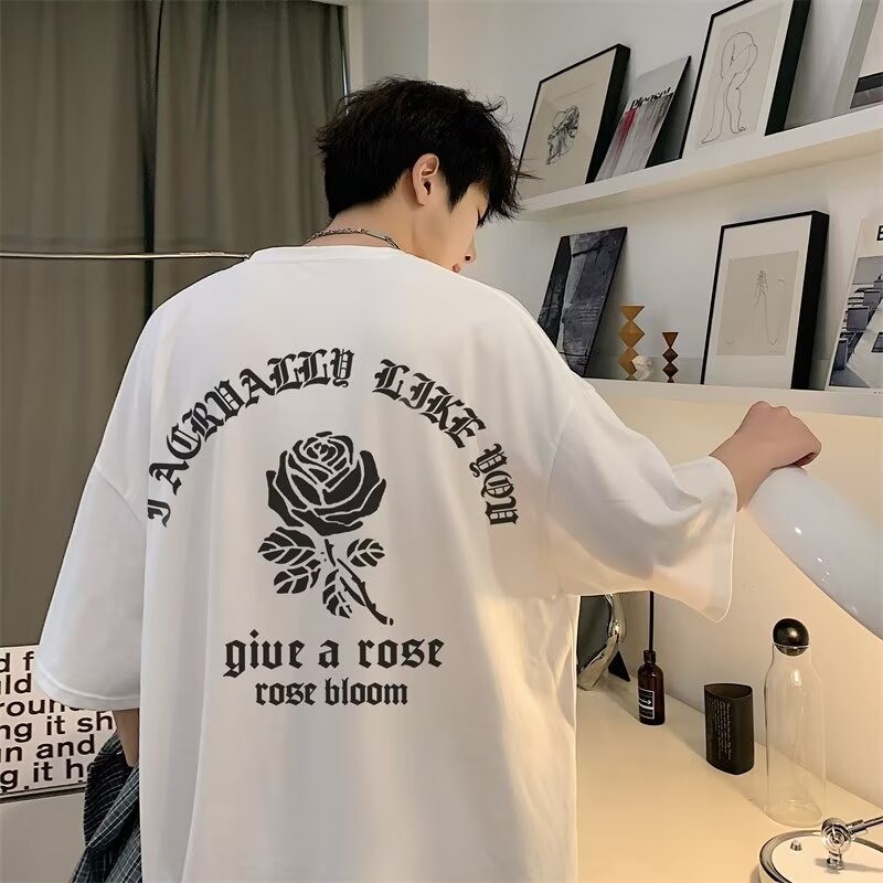 Combed 23 Pure Cotton 2025 ไหล่ผู้ชายแขนสั้นครึ่งแขนของแท้ฤดูร้อนใหม่คอขนาดเล็กใหม่เสื้อยืดHeavy 202