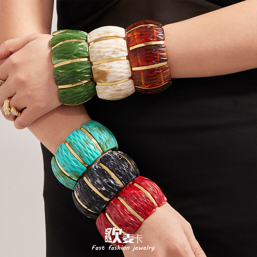 Omaka สร้อยข้อมือเรซิ่นยืดหยุ่นสแตนเลสสตีล สไตล์ยุโรปและอเมริกัน หลายสี