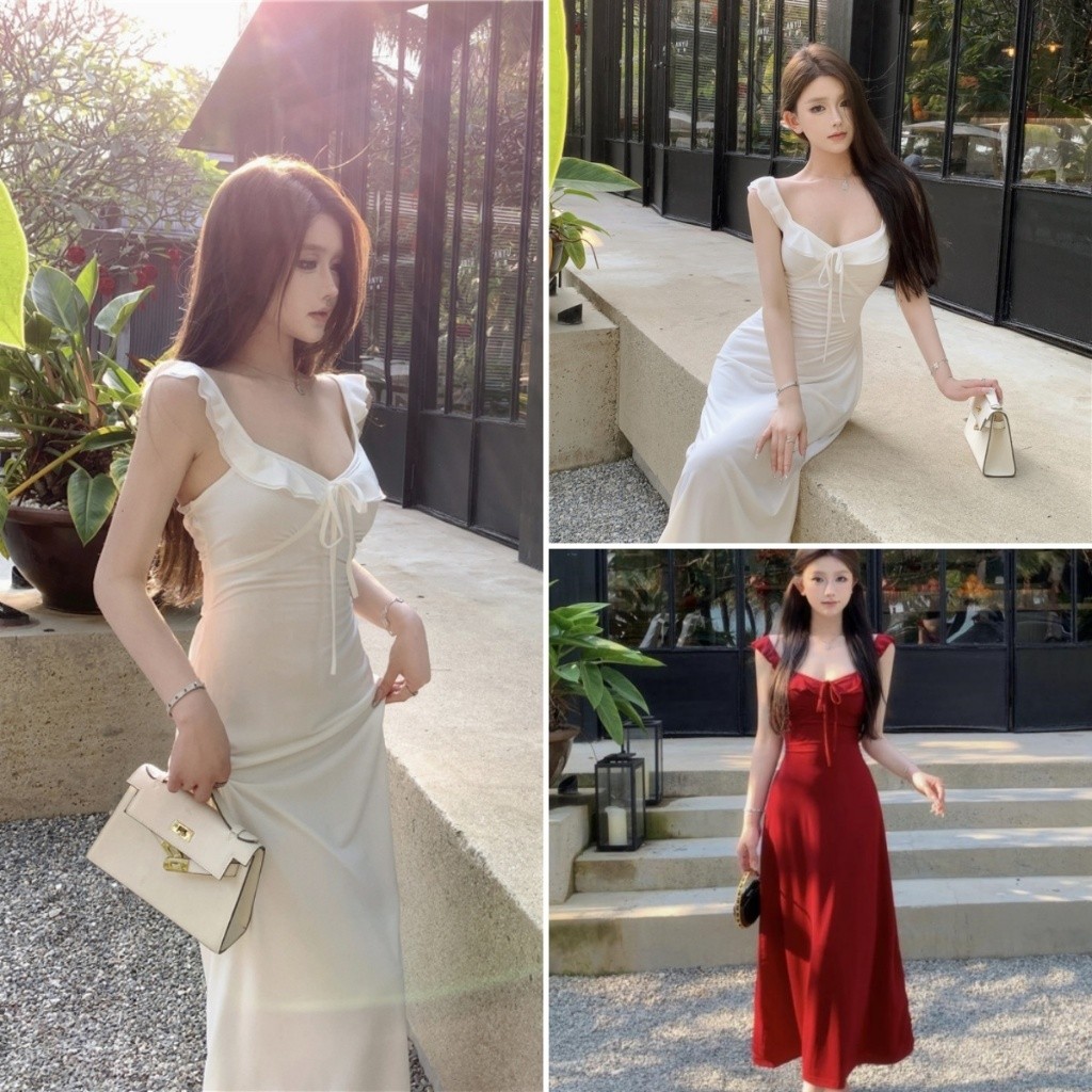 Hotgirl พร้อมส่ง ชุดเดรท ชุดเดรสยาวคอวีคล้องคอสำหรับผู้หญิง อ่อนโยน แฟชั่นสไตล์เกาหลี เหมาะสําหรับสาวๆๆชอบเที่ยว ไปทะเล