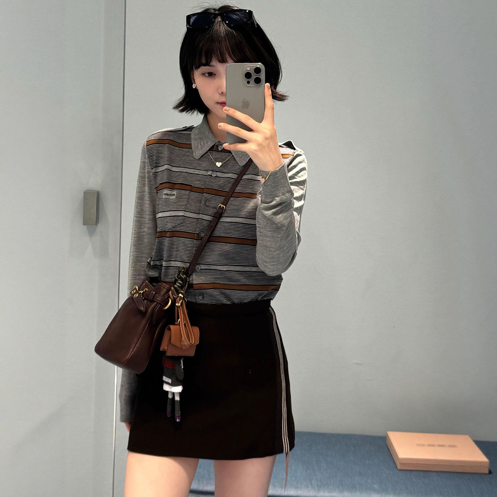 J7QG MI*U Logo Jacquard Gray Coffee Striped Epaulet polo Women's Turn-Down Collar Knitted Cardigan