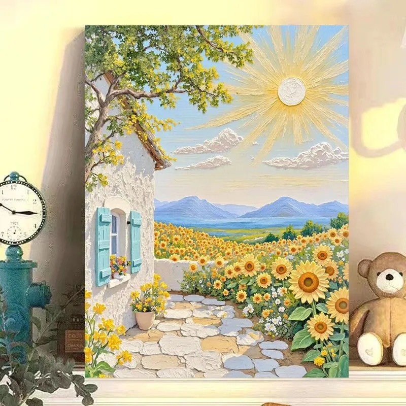 ภาพวาดสีน้ำมันดิจิตอล สร้างสรรค์เอง สไตล์ซันไชน์ พืชและดอกไม้สดใส สำหรับการตกแต่งภายใน