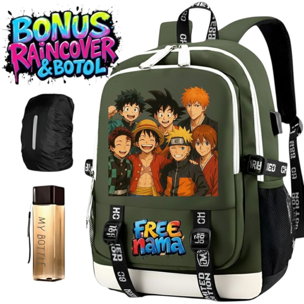NDS - "กระเป๋าเป้โรงเรียนอนิเมะพร้อมตัวละคร Luffy Naruto Goku Ichigo + Bonus Raincover & ขวด | กระเป