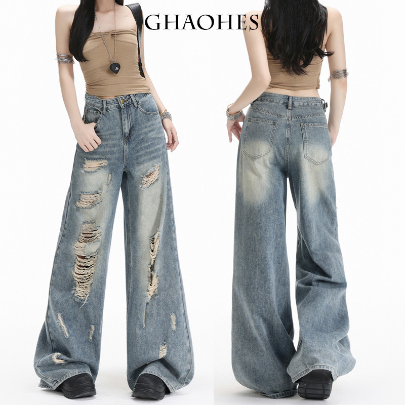 GHAOHES เฉพาะกลุ่มกางเกงยีนส์ขาดสีฟ้าอ่อนสไตร์อเมริกันเอวส