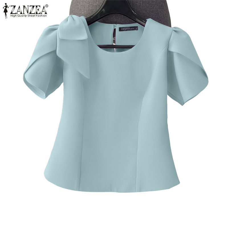 ZANZEA ซานเซีย เสื้อลายเกาหลีสำหรับผู้หญิง ดีไซน์คอกลม แขนสั้น ทรง свободและพอดีตัว