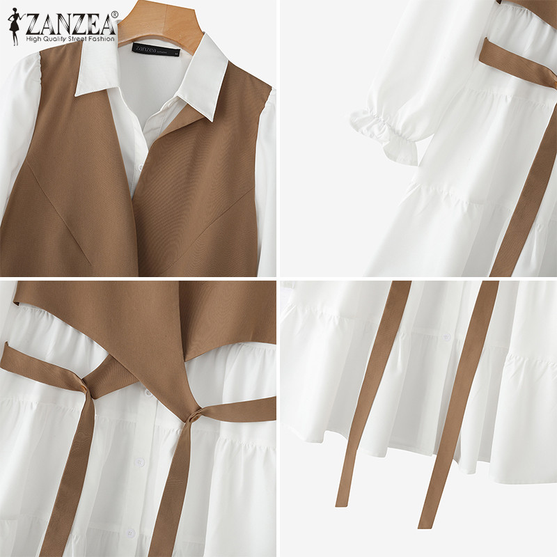 ZANZEA ซานเซีย ชุดแซนเด일 สไตล์เกาหลี ผูกเสื้อคอลสแตนดาร์ด แขนยาว เหมาะสำหรับใส่ออกงานหรือในวันหยุด — صورة 8