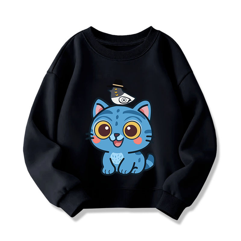 Kpop Demon Hunters 2D Hoodie สีฟ้าลายแมวการ์ตูน แบบรอบคอด้านหน้า