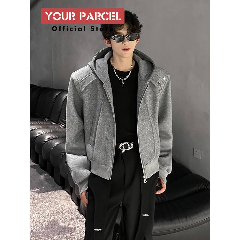 แจ็กเก็ตฮูดลายเสื่อสามมิติ สำหรับผู้ชาย ฤดูใบไม้ร่วง ทรงหล่อสั้นไหล่เสริมแผ่นรอง