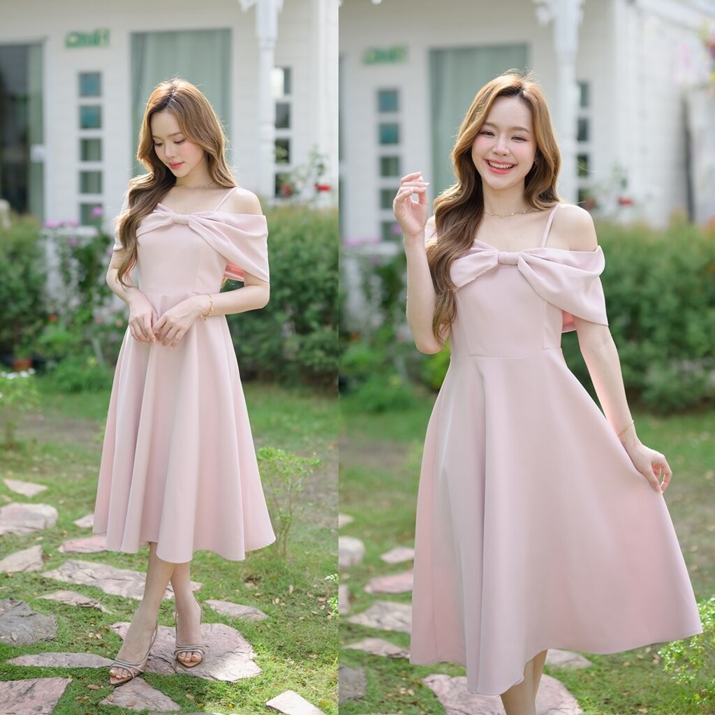 Charming Off-Shoulder Midi Dress : สีชมพู [Made by Pastel Time]