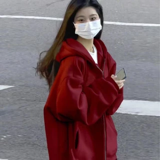 เทรนใหม่2026เสื้อกันหนาวสีพื้นหญิง เสื้อคลุมหญิง เสื้อแจ็คเก็ตแขนยาว มีซิป มีฮู้ด