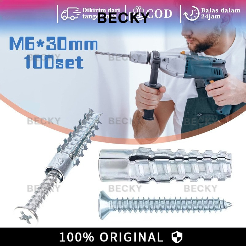 BECKY เนื้อหา 100 ชุด Wall Bolt Anchor 6x30 มม. Wall Bolt Anchor Wall Anchor สกรูผนัง Wall Anchor