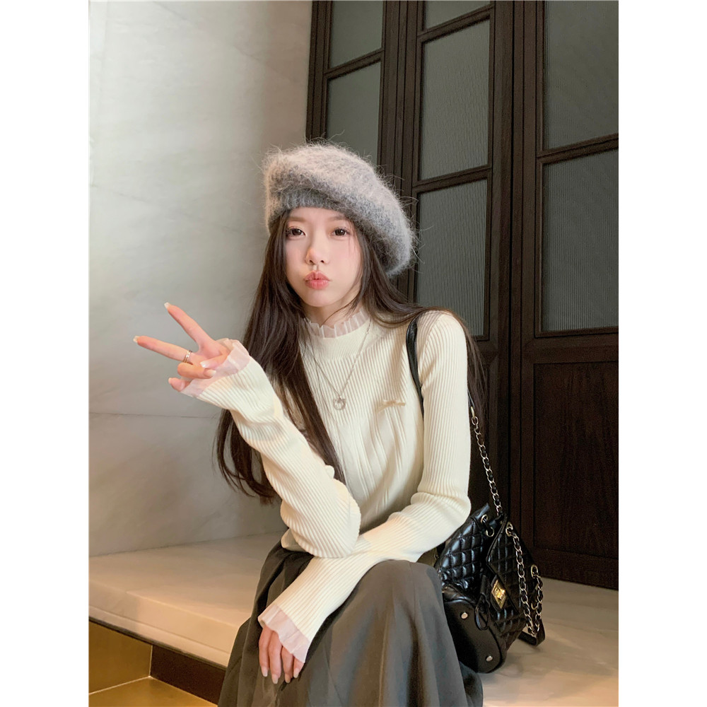 5203#设计感蕾丝花边拼接坑条针织衫女冬季修身别致打底套头上衣