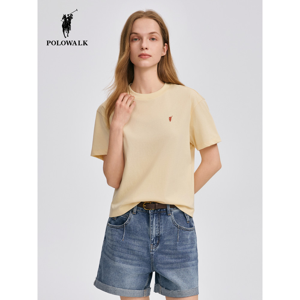 POLOWALK เสื้อผ้าผู้หญิง 2025 ฤดูร้อนผลิตภัณฑ์ใหม่ผู้หญิงแขนสั้นคอวีเสื้อยืดคอกลมลําลองเรียบง่าย AH2