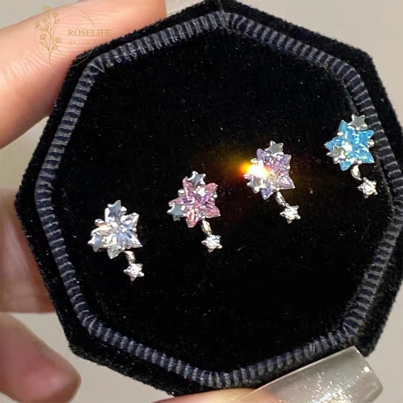 Roselife 1PC ประณีต S925 เงินคริสตัล Star สกรูต่างหูสําหรับผู้หญิงสาวเจาะหู Studs เครื่องประดับของขวัญ