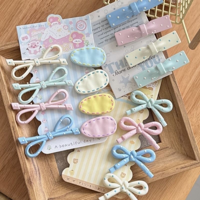 [พร้อมส่ง] กิ๊บติดผมลายจุดพาสเทล กิ๊บปากเป็ดมินิมอลทรงโบว์ริบบิ้น & วงรีสไตล์เกาหลี เครื่องประดับผมกิ๊ฟช็อปน่ารัก