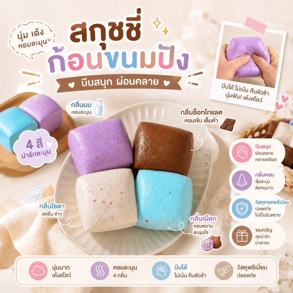 สกุชชี่ก้อนขนมปัง มี4 กลิ่น หอมละมุน ส่งจากไทย