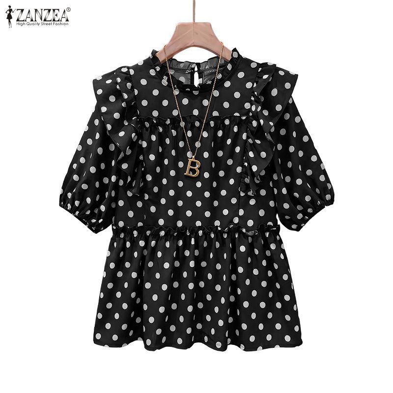 ZANZEA ผู้หญิงเกาหลีฝรั่งเศสหรูหรารอบคอแขนโคมไฟ Ruffles Splic Polka Dots A-Line เสื้อ