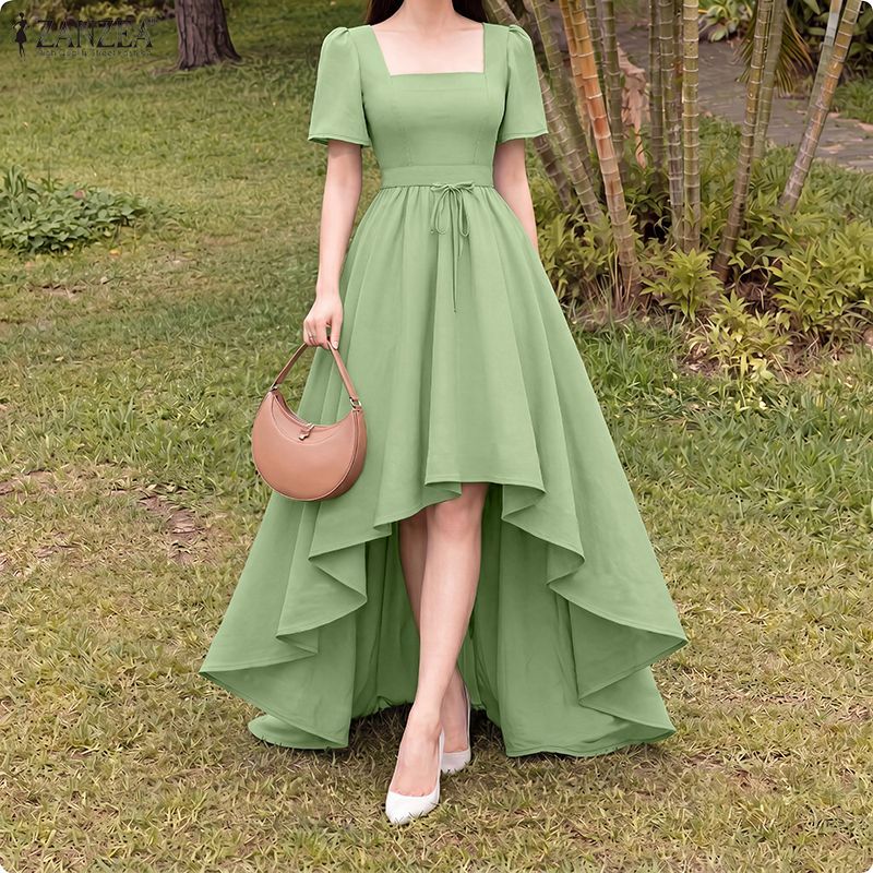 ZANZEA ผู้หญิง Vintage Elegant Square Collar Puff Sleeve ไม่สม่ําเสมอ Ruffles Hem Maxi A-Line เดรสสายเดี่ยว — صورة 5