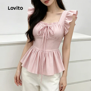 (New Arrival) Lovito เสื้อเบลาส์สีชมพูอ่อนลายจีบสําหรับผู้หญิงสําหรับฤดูใบไม้ผลิและฤดูร้อน เกาหลี อินเทรนด์ LK6AD148