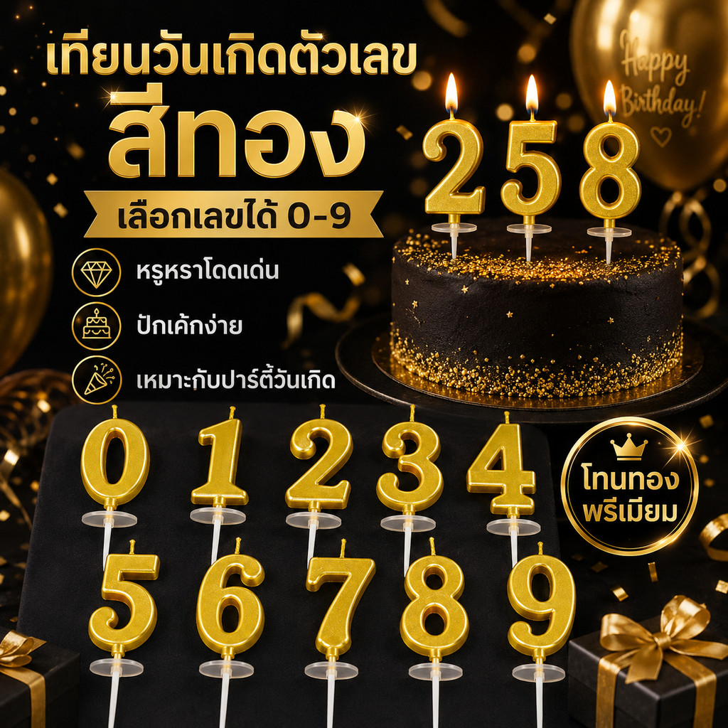 🎂10 อัน เทียนวันเกิดตัวเลขสีทอง สีเงิน 0-9 เทียนปักเค้ก แบบโค้ง 4.8ซม แยกชิ้น กล่องเดี่ยว ตกแต่งเค้กปาร์ตี้