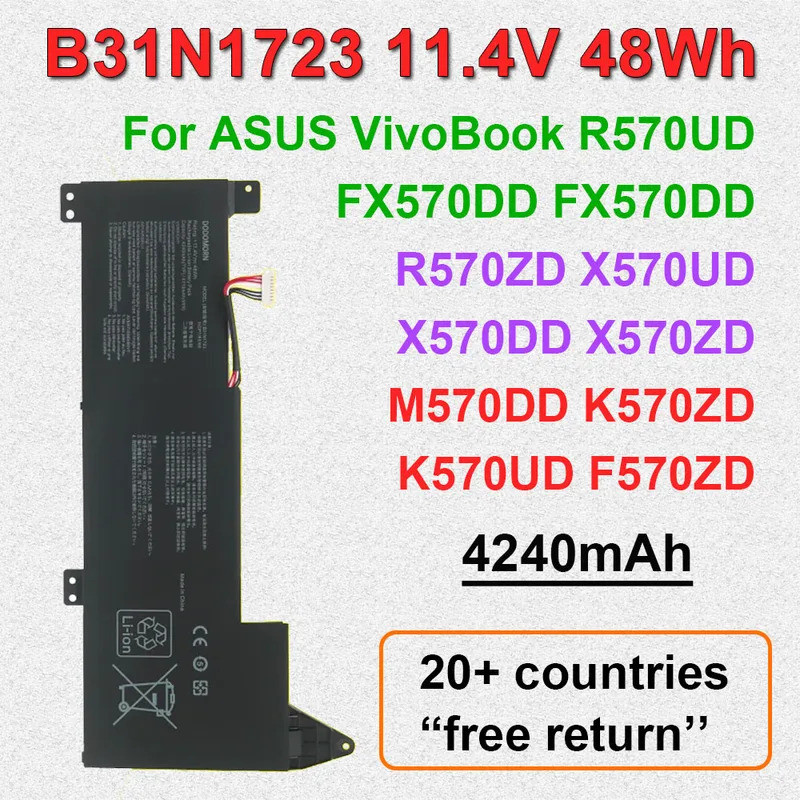 แบตเตอรี่แล็ปท็อป 11.4V 48Wh สําหรับ ASUS B31N1723 VivoBook R570UD X570UD X570DD X570ZD K570ZD K570U