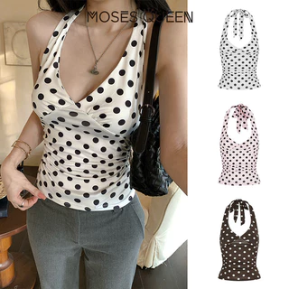 MOSESQUEEN เสื้อกล้ามคล้องคอลายจุดความปรารถนาบริสุทธิ์ในรูปแบบใหม่สําหรับใส่ด้านนอก - เสื้อโชว์สุดเซ็กซี่สําหรับเด็กผู้หญิง #63734