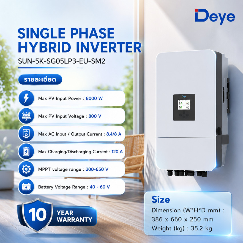 Deye Hybrid Inverter 5kW 3 เฟส 48V ประกันศูนย์ 10 ปี รุ่น SUN-5K-SG05LP3-EU-SM2