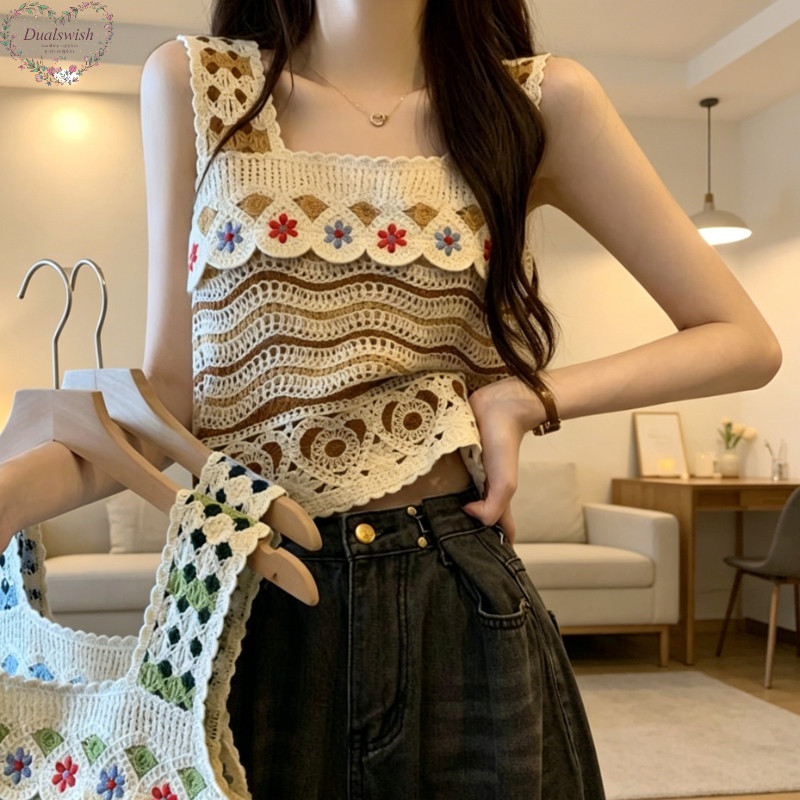 Dualswish Vintage French Hollow ถัก Camisole Top สําหรับผู้หญิงฤดูร้อนชาติพันธุ์ดอกไม้แขนกุดเสื้อกั๊