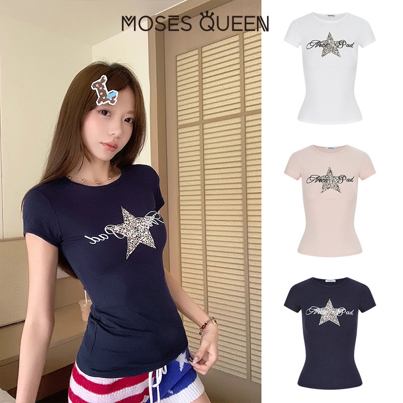 MOSESQUEEN มอสเนสควีน เสื้อยืดคอกลมแขนสั้นพิมพ์ลายตัวอักษร ดาว สําหรับชั้นฐานเข้ารูปสําหรับชุดลําลอง #63797