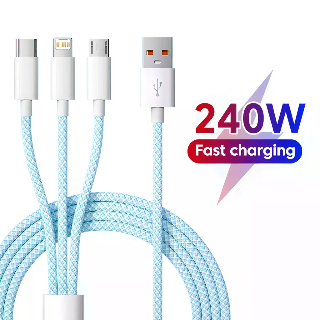 3 in 1 สาย USB 6A 240W Micro USB Type C สายชาร์จสําหรับ lPhone 14 13 12 สายเคเบิลข้อมูล