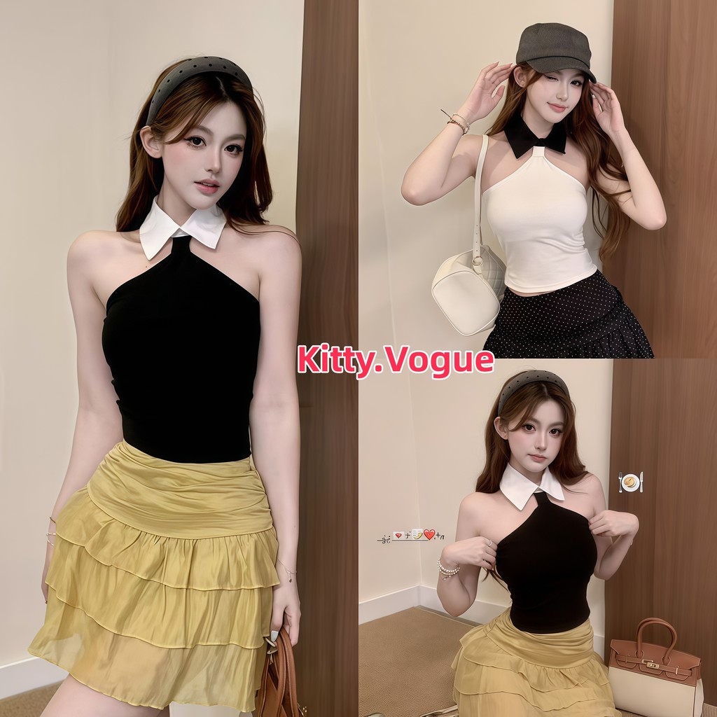 Kitty.Vogue เสื้อกล้ามสายคล้องคอคอปกโปโลสีพื้น ทรงสั้นพอดีตัว เนื้อนุ่ม ใส่สบาย ใส่ได้ทุกวัน ลำลอง FY5632