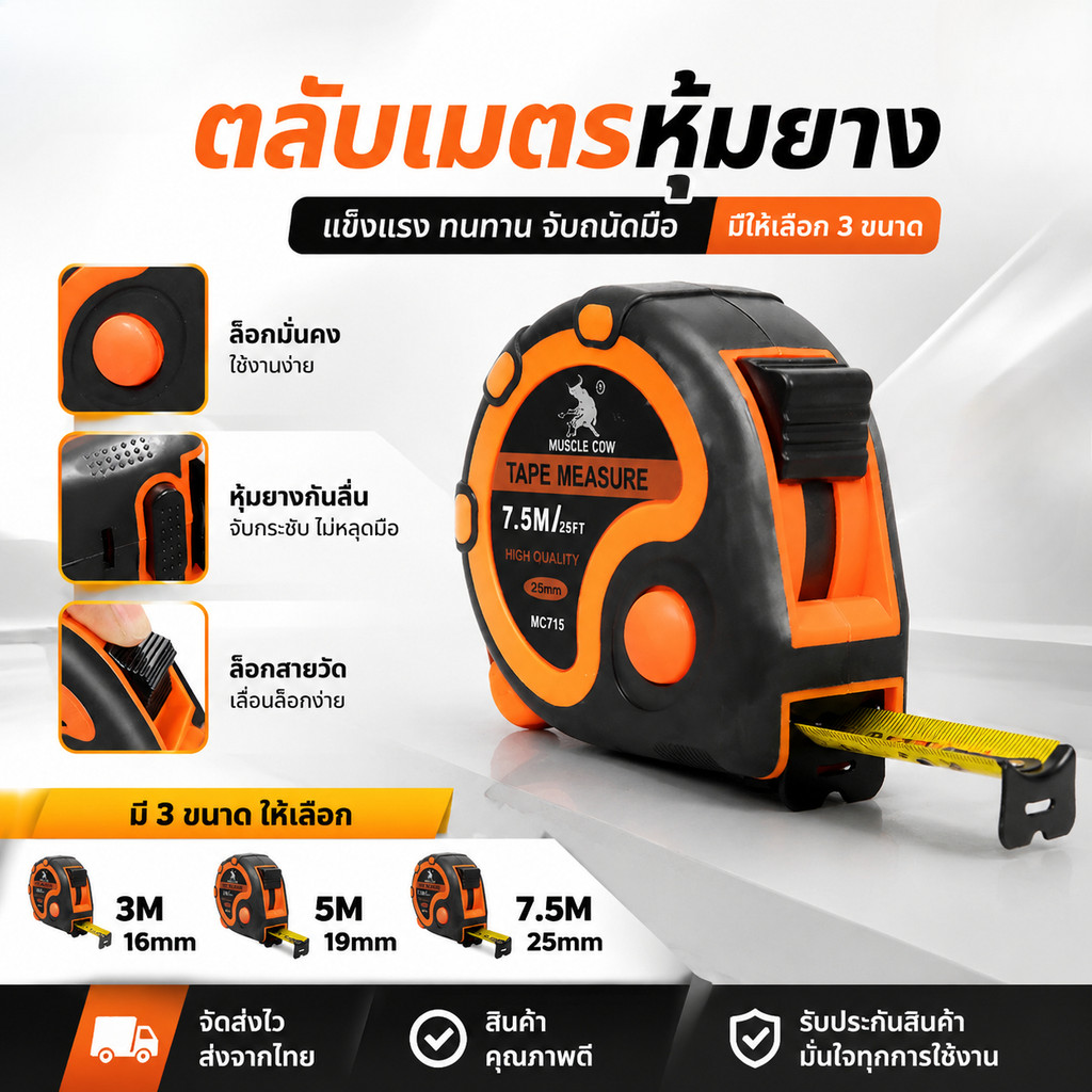 MUSCLE COW ตลับเมตร ตลับเมตรหุ้มยาง ขนาด 3/5/7.5เมตร เทปกว้าง 25มม. ขนาดชัดเจน พลาสติก ABS อย่างดี