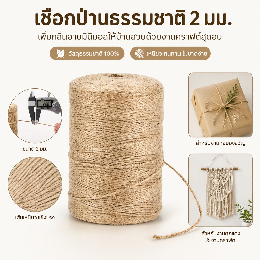 ความยาว 100/200 เมตร เชือกปอ ขนาด 2mm เชือกธรรมชาติ เชือกDIY เชือกตกแต่ง สำหรับห่อของขวัญ งานประดิษฐ์ DIY craft rope