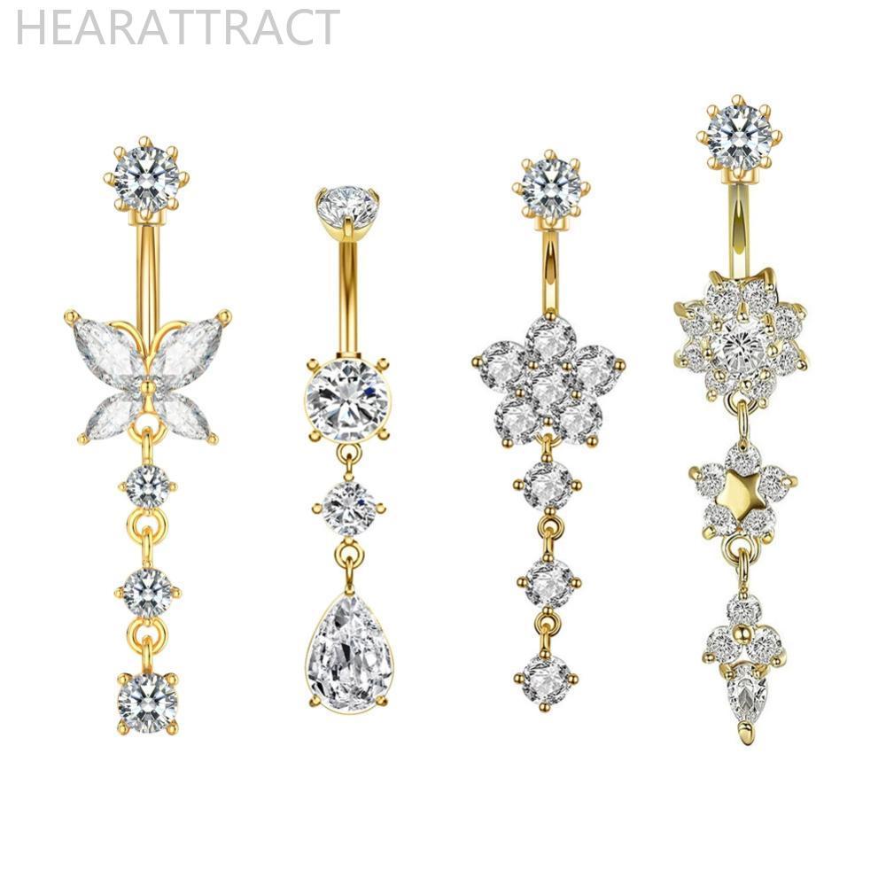 HEARATTRACT Gold Tone สแตนเลสสตีล Belly ปุ่มแหวนดอกไม้ CZ คริสตัล Dangle สะดือแหวน Barbell เจาะเครื่