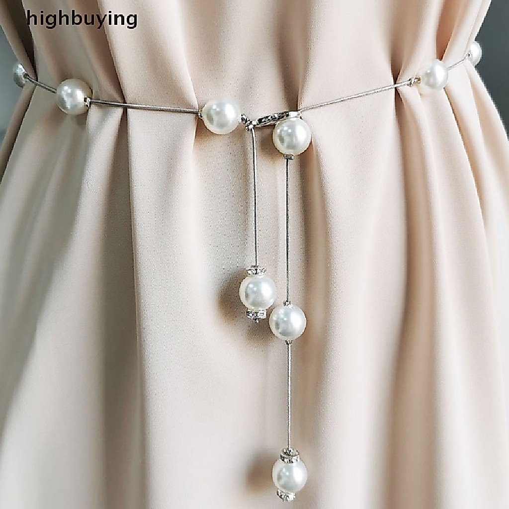 [highbuying] ใหม่ เข็มขัดคาดเอว สายโซ่ ประดับลูกปัด ไข่มุก ปรับได้ แฟชั่น สําหรับผู้หญิง
