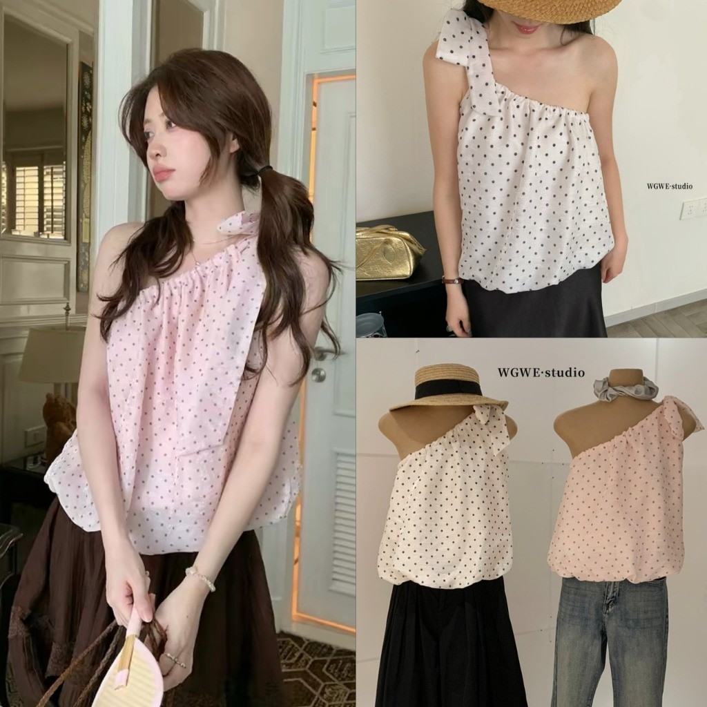 ❤ 🧵 🇰🇷 W10104 เสื้อปาดไหล่ แขนกุด ลายจุด มีซับงานสวยเก๋  ใส่สบาย ผ้าไม่หนาไม่บาง แฟชั่นเกาหลี TAG WG.WE 🧡