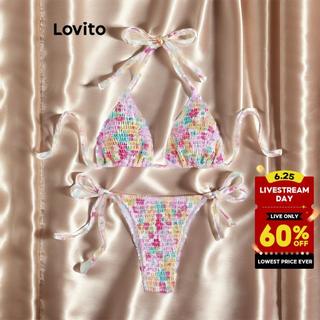 Lovito Boho Women Bikini Sets Ditsy Floral Smocked Lace Up Bikini Set LNL43036