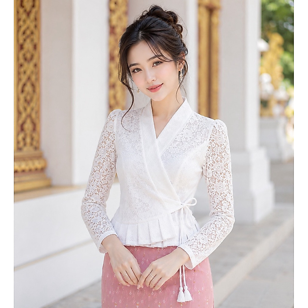 เสื้อลูกไม้ป้ายแต่งโบว์ข้างทรงเจ้านาง ใส่งานบุญ งานบวช ใส่ทำงาน