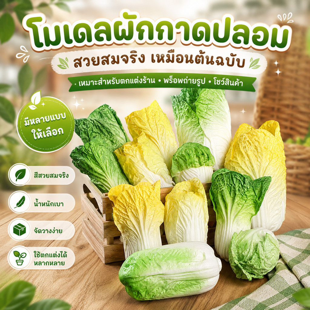 ผักปลอม ผักกาดขาว สายตกแต่งต้องมี! ใบเขียวสด ดีเทลสมจริง สวยสะดุดตา ใช้แต่งร้านหรือถ่ายสินค้าให้ดูแพงขึ้นทันที บูธสินค้า