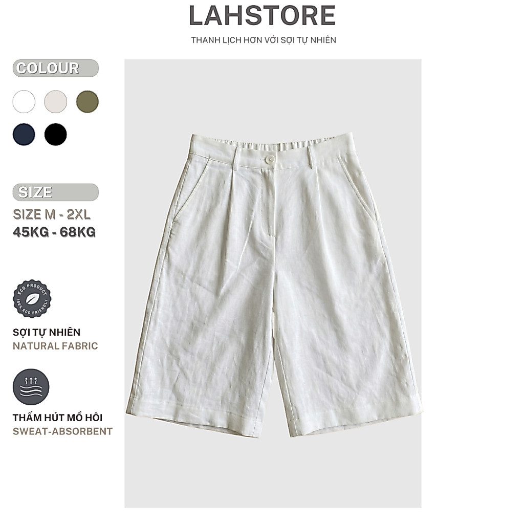 LAHSTORE กางเกงขาสั้นขากว้างผู้หญิง ผ้าลินินดิบ เอวยางยืดเอวสูง QL01 (สีขาว, ดํา, เกลือและพริกไทยเบจ, น้ําเงิน)