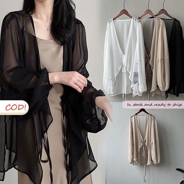 mimi&didi[สินค้าพร้อมส่ง]เสื้อกันแดดแขนยาวผ้าชีฟองเนื้อบางเบาสีดำสำหรับผู้หญิง เหมาะสำหรับผู้หญิงไซส์ใหญ่ ทรงหลวม#W748