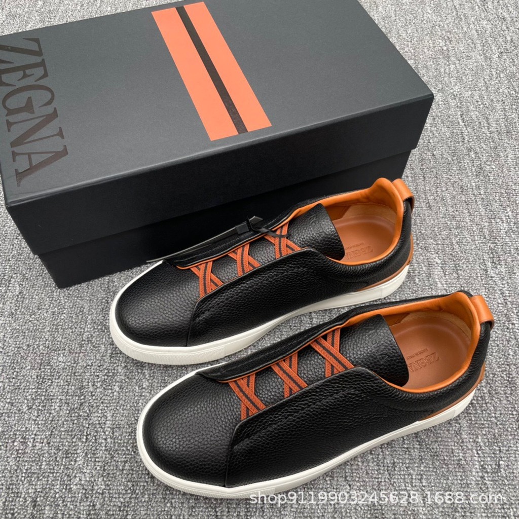 Zegna รองเท้าผ้าใบส้นแบนหนังน้ําหนักเบาสําหรับผู้ชายสไตล์ใหม่
