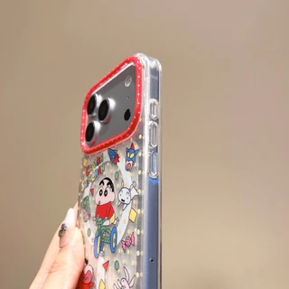 Crayon Shin-chan Magnetic Chain Stand Case,ฝาครอบซิลิโคนสองชั้นสําหรับiPhone 14/15/16/17 Pro & Pro Max,ผู้หญิงสไตล์การ์ตูน