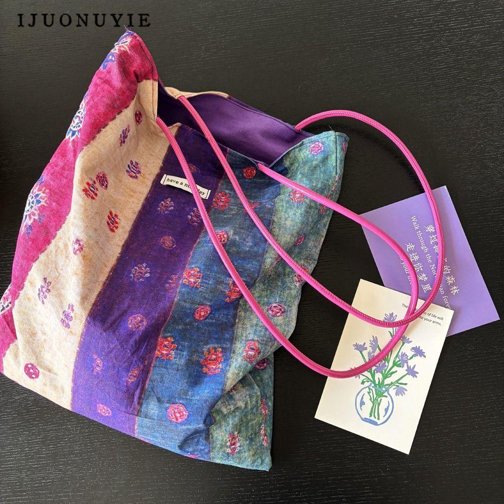กระเป๋าสะพาย IJUONUYIE กระเป๋าถือสองด้านพิมพ์ลายดอกไม้ ผ้า PU สายคล้องไหล่ความจุขนาดใหญ่ Tote กระเป๋าโรงเรียนและการเดินทาง