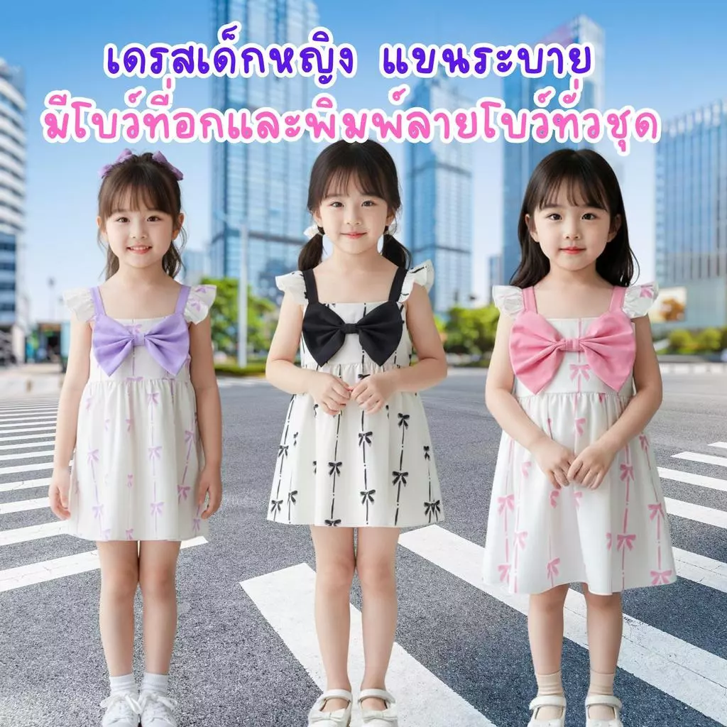 MooDeng Baby เดรสเด็กหญิง สายเดี่ยวแขนระบาย บว์ใหญ่ที่อก 3สี ม่วง ชมพู ดำ ดีไซน์น่ารักและมีสไตล์ สำหรับเด็กหญิง