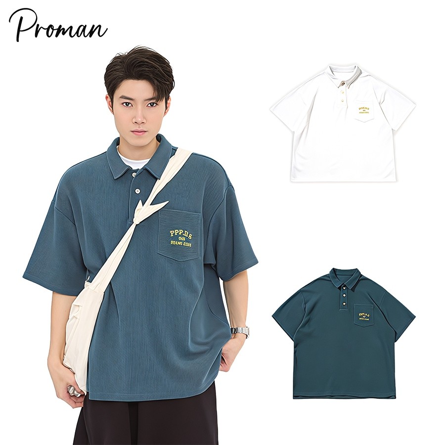 ⚡ProMan⚡แขนสั้นผู้ชายวาฟเฟิลด์  ปกพับ  เสื้อโปโล   สไตล์อเมริกันวินเทจ  แบบหลวม