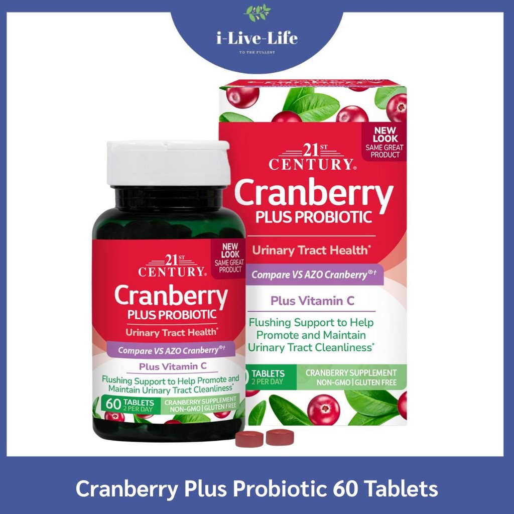 แครนเบอรรี่ ผสมโปรไบโอติก Cranberry Plus Probiotic 60 Tablets - 21st Century
