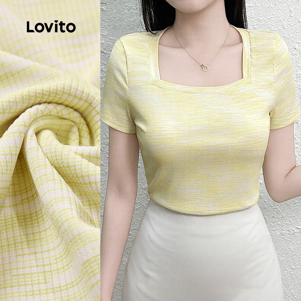 (New) Lovito เสื้อยืดคอพองสบาย ๆ คอแตก ช่วงฤดูใบไม้ผลิ/ฤดูร้อน สีเหลืองอ่อน L150ED367