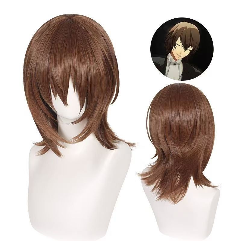 วิกผมสังเคราะห์สำหรับคอสเพลย์ Persona5 Goro Akechi สีน้ำตาลสั้น ทนความร้อน